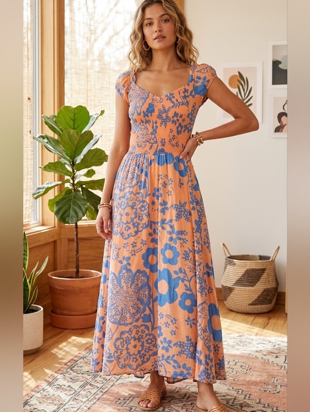 New Free People Peach Maxi Dress with Blue Floral Motif Open Back